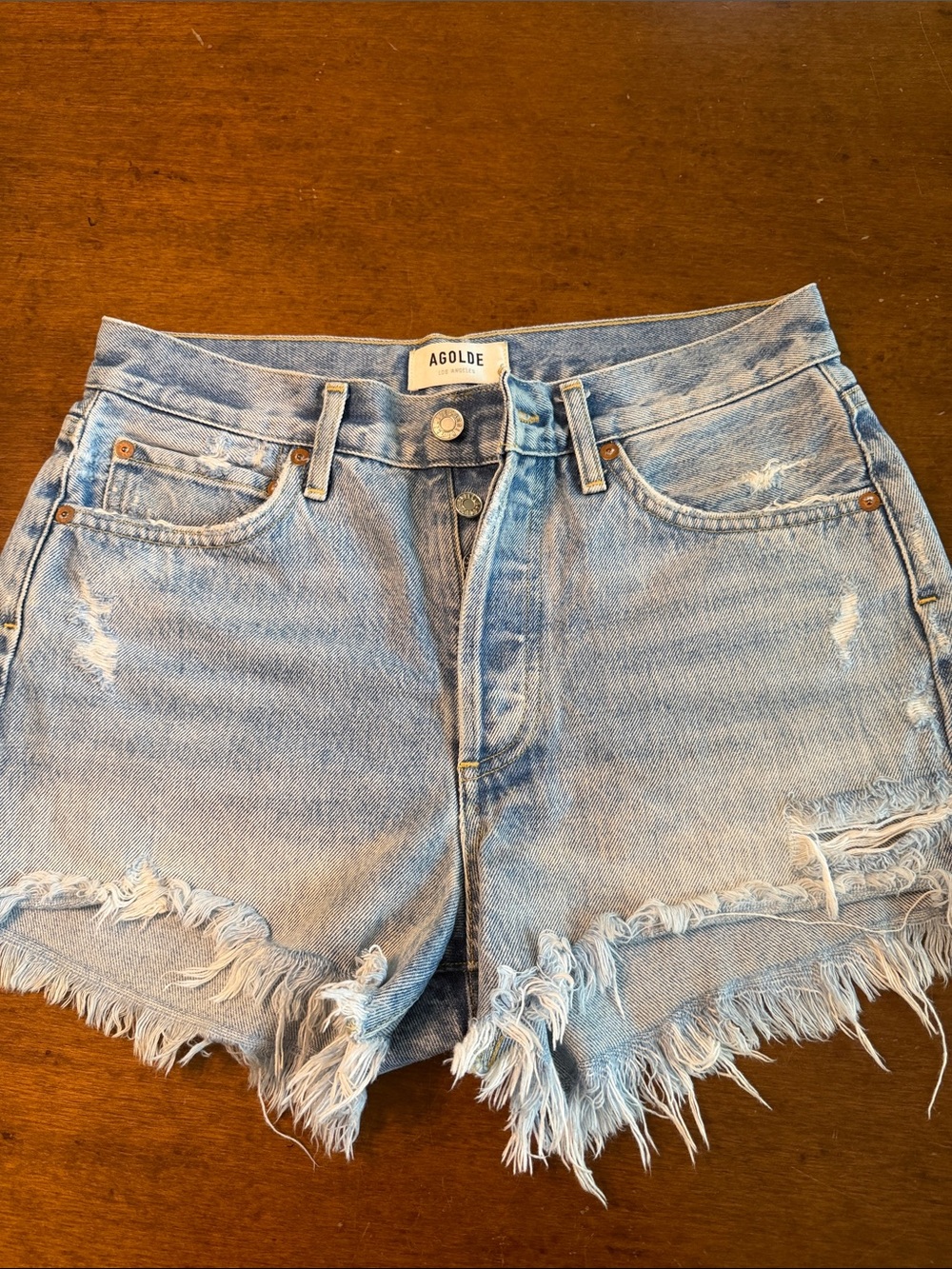 Agolde Light Wash Frayed Hem Denim Shorts